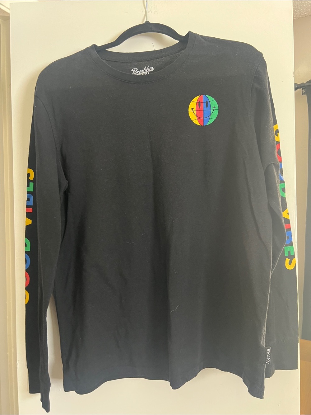 Brooklyn Cloth Black Long Sleeve Tee with Rainbow Globe and Sleeve "Good Vibes"